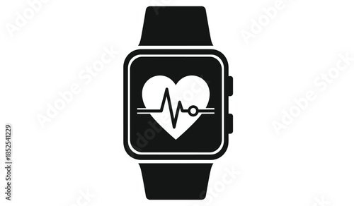 A sleek black smartwatch displays a white heart icon with an electrocardiogram waveform indicating health monitoring functionality high quality professional detailed