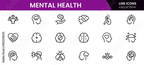Mental health line icon set. Anxiety, stress, psychology, brain, etc, symbols  collection Vector illustration
