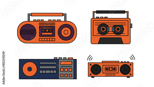 Retro boomboxes and cassette players in colorful illustration