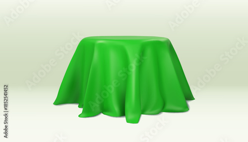 Green fabric covering podium. Table draped with emerald cloth. Realistic illustration