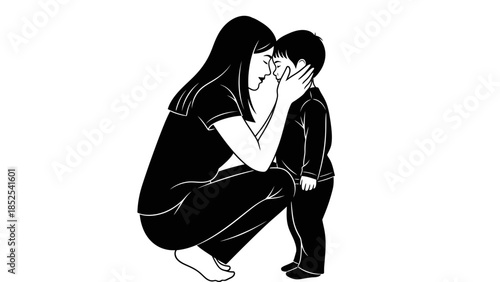 Loving mother gently embraces her young child with tender affection.