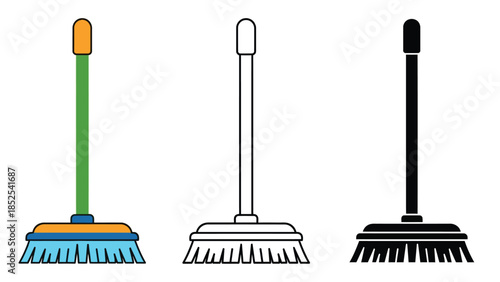 Brooms in different styles and colors for cleaning purposes
