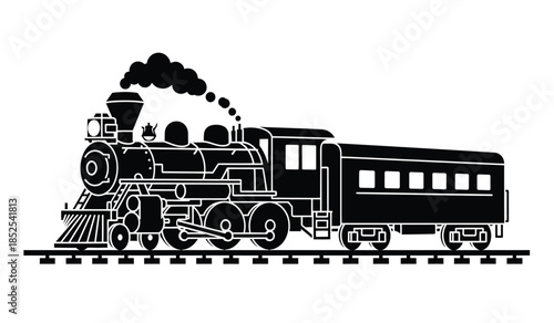 a classic black and white illustration depicts a vintage steam locomotive traveling on railroad tracks showcasing a bygone era of transportation