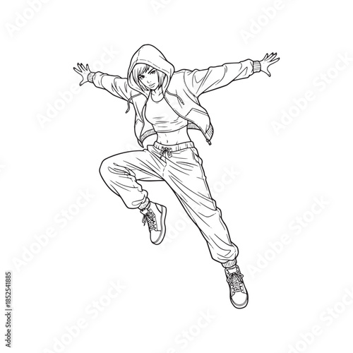 Cool anime girl hip hop dancer in hoodie and sweatpants. Street dance pose line art vector illustration for coloring book.
