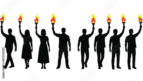 Silhouettes of people holding torches in a line formation