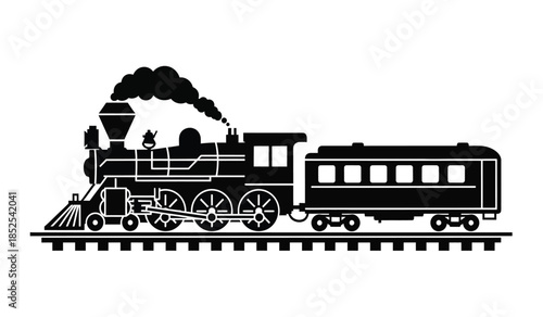 A classic black and white illustration depicts a vintage steam train with a smokestack conveying a sense of historical transportation and railway nostalgia