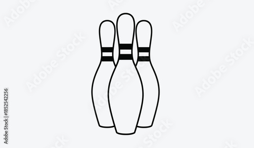 A simple black and white illustration depicts three bowling pins standing closely together on a light gray background showcasing a classic game element