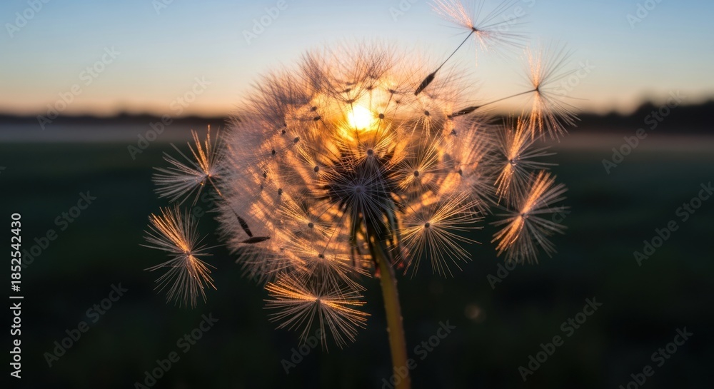 Obraz premium Close up of a dandelion seed head backlit by the setting sun.