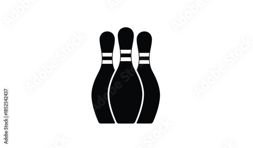 A simple black and white illustration depicting three bowling pins standing closely together in a vertical arrangement showing their classic shape