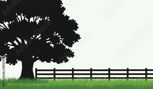 A simple illustration depicts a lush green field with a dark silhouette of a tree and fence high quality professional detailed
