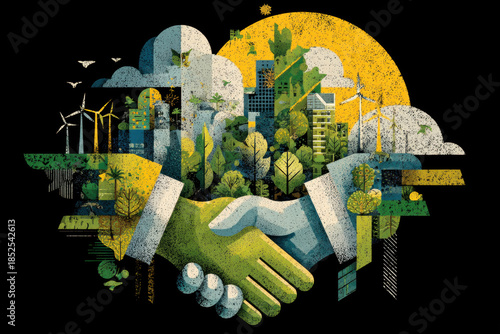 Handshake forming green city with wind turbines and trees, symbolizing eco-friendly agreement for sustainable urban development