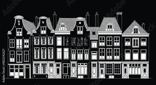 Amsterdam Canal Houses Black and White Architectural Illustration, Traditional Dutch Gable Facades Vector Drawing, Historic European Cityscape, Netherlands Travel and Culture Background.