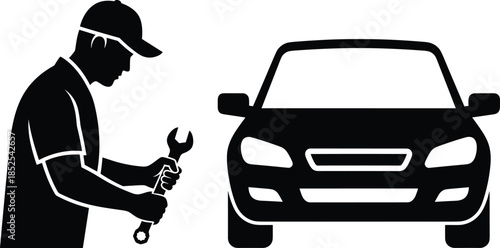 Auto Mechanic Silhouette Holding Wrench, Car Repair Service Icon, Automotive Maintenance Symbol, Vehicle Front View, Black and White Vector Illustration.