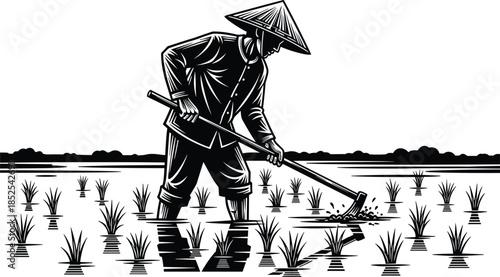 Asian farmer working in rice paddy field, traditional conical hat, tilling soil with hoe, black and white woodcut style, agriculture, labor, farming vector illustration