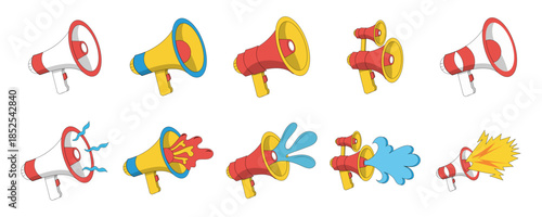Dynamic Cartoon Megaphone Set with Sound Waves, Liquid Splashes, and Fire Bursts for Announcements and Marketing