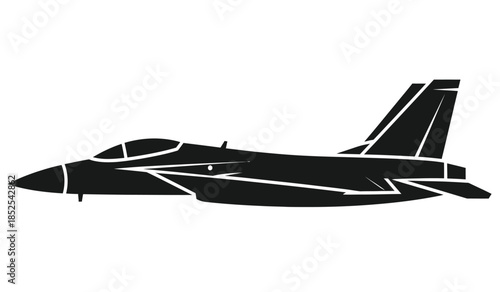 A striking black silhouette of a modern fighter jet in mid flight depicts power speed and the complexity of aerial engineering