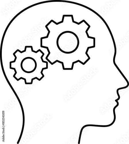 Minimalist black and white vector line illustration featuring a human head profile with two interlocking mechanical gears representing cognitive logic and critical thinking.