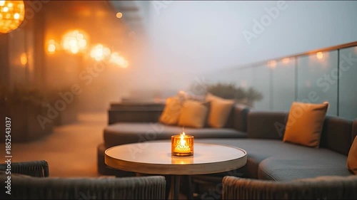 Cozy Foggy Rooftop Lounge Romantic Candlelit Evening Ambiance.