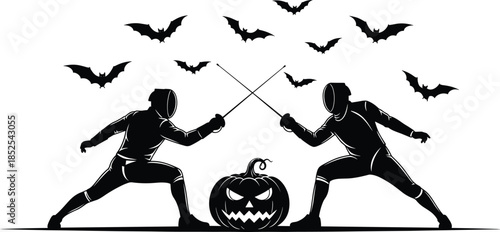 Black and White Monochrome Vector Illustration of Two Fencers Dueling Around a Spooky Jack-o'-Lantern with Bats Flying Above, Halloween Holiday Sports Competition Concept