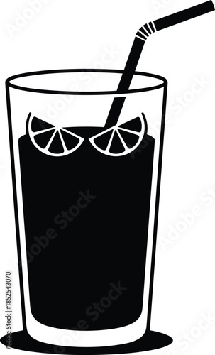 Minimalist black silhouette featuring a tall glass filled with a dark liquid, two citrus slices, and a bendy straw representing a cool summer drink.