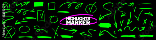 Dynamic arrow signs and underline gestures shaped with marker pressure and subtle highlight accents. Arrow direction and underline rhythm pair with textured marker strokes and highlight brush grain.