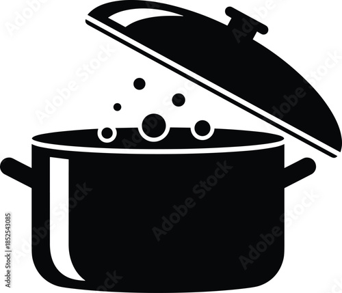 Minimalist black silhouette featuring a round cooking pot with an open lid and steam bubbles rising from a hot meal inside the vessel.