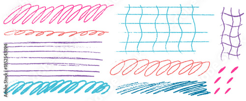 Minimal textured design with crayon detail and crayon strokes, structured by simple grid blocks and grid lines, plus dynamic scrawl accents and bold scrawl curves.