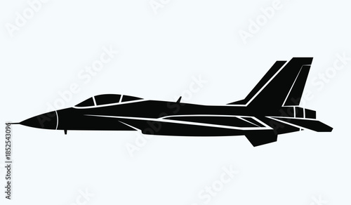 A striking black silhouette of a modern military fighter jet is prominently displayed against a clean white background showcasing its aerodynamic design