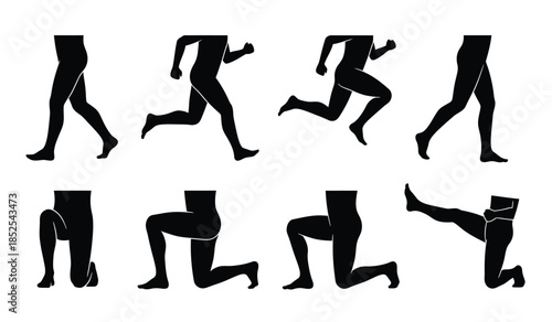 A depiction of human figures in various running and falling poses shown as black silhouettes against a white background demonstrating motion
