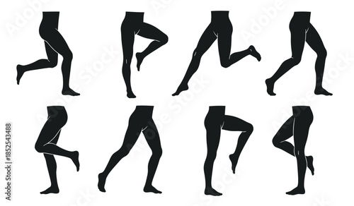 A collection of silhouettes depicting various leg and foot poses showcasing dynamic movement and anatomical studies in black and white