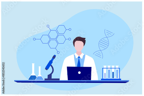 Professional scientists and chemical researcher working and analysis in laboratory experiment vector Illustration. Medical laboratory, research experiment biology molecular concept.