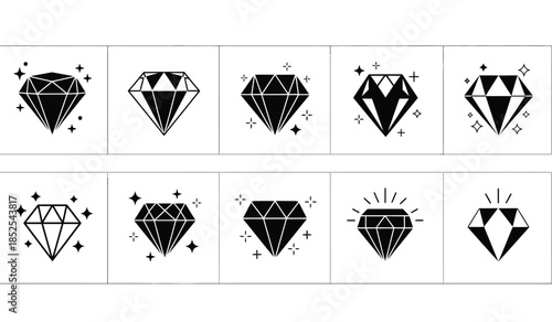 a collection of ten black and white diamond illustrations each with varying facets and sparkling star details arranged in a grid pattern