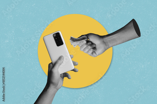 Modern art collage on the topic of payment via mobile phone. Modern payment methods