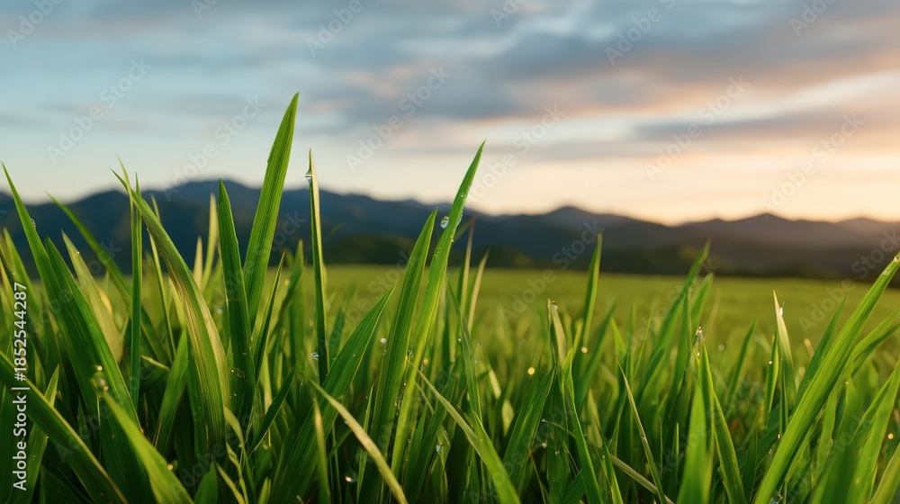 Obraz premium Lush green grass with dew drops in the foreground, set against distant mountains and a beautiful sunset sky.
