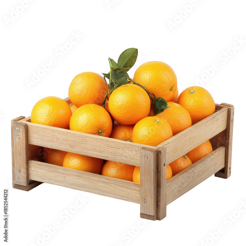 A wooden crate filled with fresh. ripe oranges. their color and natural sheen. set against a clean white background. ideal for food-related content and healthy lifestyle imagery