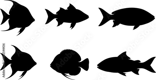 Black silhouette of six different fish on a white background