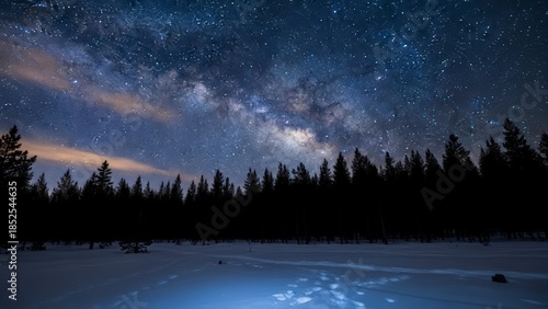 Vast Milky Way Galaxy Arches Over Snowy Forest Landscape Under Starry Night Sky.