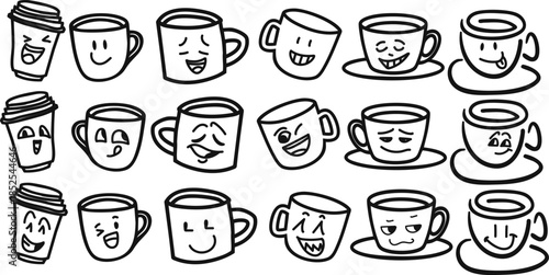 Cute hand drawn coffee cup emoji vector set with funny facial expressions in doodle line style. Trendy minimal illustration perfect for sticker, apps, social media, branding, cafe and modern UI design
