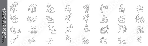 Accident and injury prevention line icon set – editable outline symbols of slip, fall, burn, electric shock, drowning and hazard