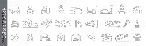 Car accident and auto repair line icon set – editable outline symbols of crash, collision, parking, towing, garage and maintenance
