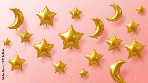 Golden Stars and Crescent Moons Floating on a Soft Pink Background.