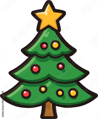 Cartoon Christmas tree icon with star and colorful ornaments