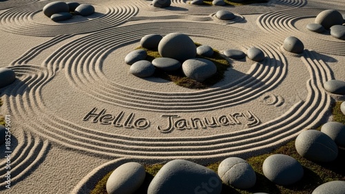 Zen Garden Sand Raked with Hello January Message and Smooth Stones.
