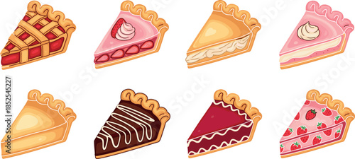 Flat Vector Illustration of Assorted Gourmet Pie Slices Including Apple Strawberry Cherry and Chocolate