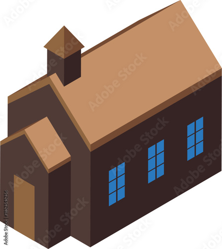 Small wooden church building with brown roof and blue windows, isometric projection