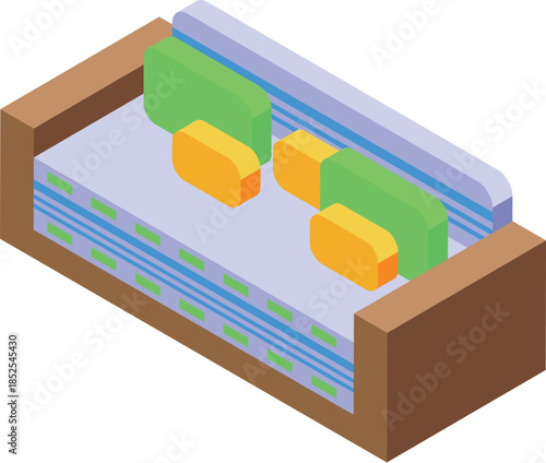 Isometric comfortable sofa with colorful pillows, perfect for interior design projects or relaxation concepts