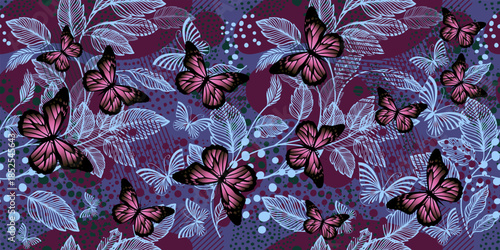 Seamless purple background with butterflies and flowers. Hand drawn. Not AI, vector illustration