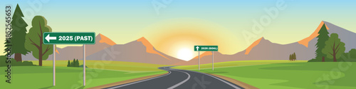 Landscape winding of asphalt road leading to 2026. Green signs point to 2025 Past and 2026 Goal against a sunrise mountain background. Concept for New Year success and future planning.