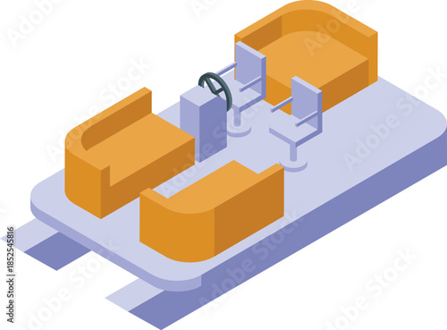 Isometric river boat with steering wheel and seats moving on water