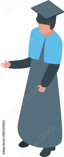 Graduating student wearing academic gown and mortarboard is making a presentation